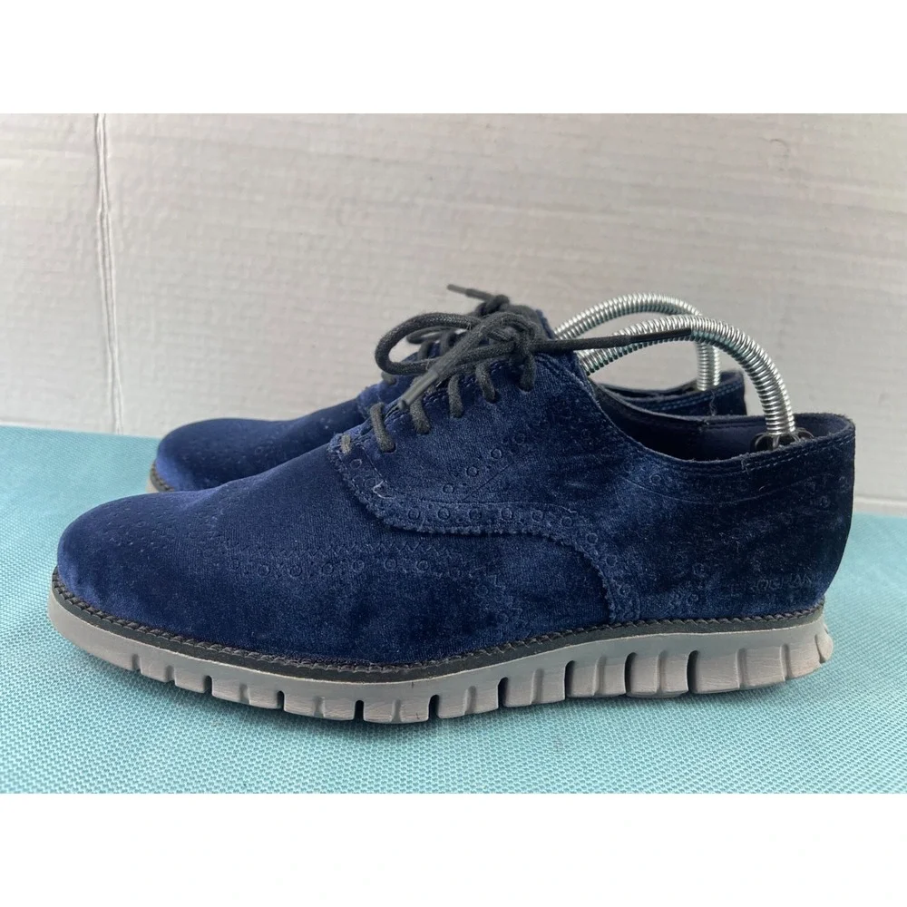 Cole Haan Grand OS Wingtip Oxford Men 7.5 M Dress Shoes Navy Blue Velvet Lace Up